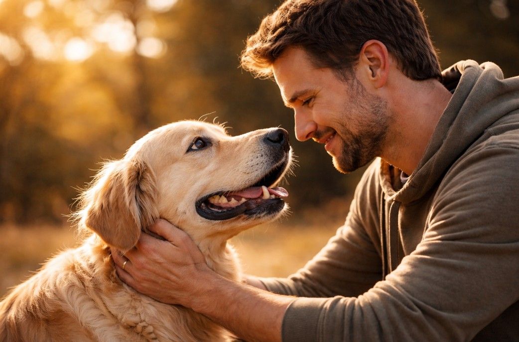 Perro golden mirando a su dueño con amor