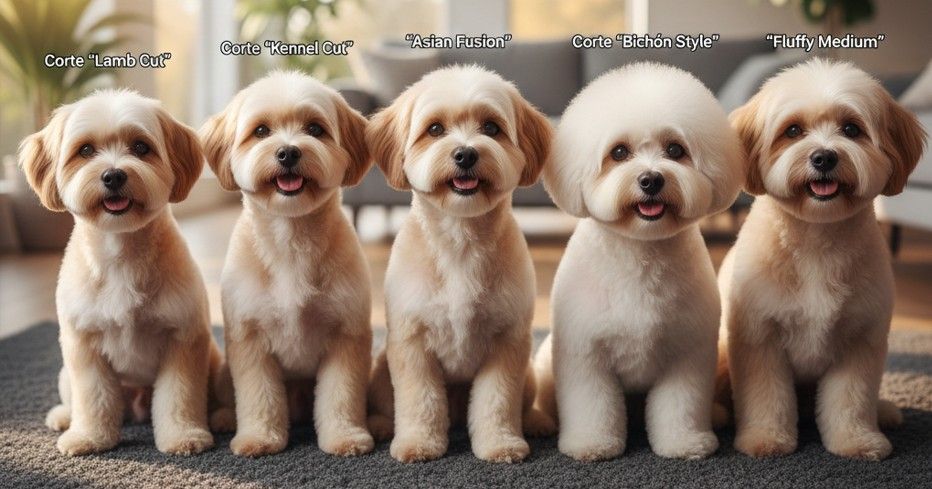 5 maltipoos cada uno con un tipo de corte: Corte “Lamb Cut”, Corte “Kennel Cut”, Corte “Asian Fusion”, Corte “Bichón Style” y Corte “Fluffy Medium”