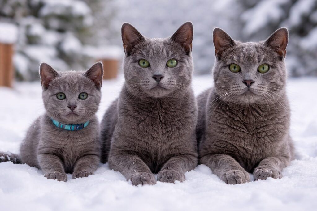 Foto de gatos azules rusos de todas las edades