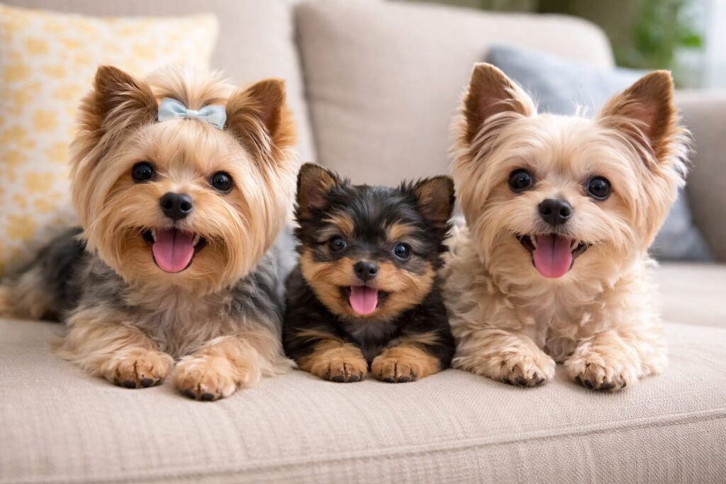 Foto portada de varios yorkshire terrier de todas las edades