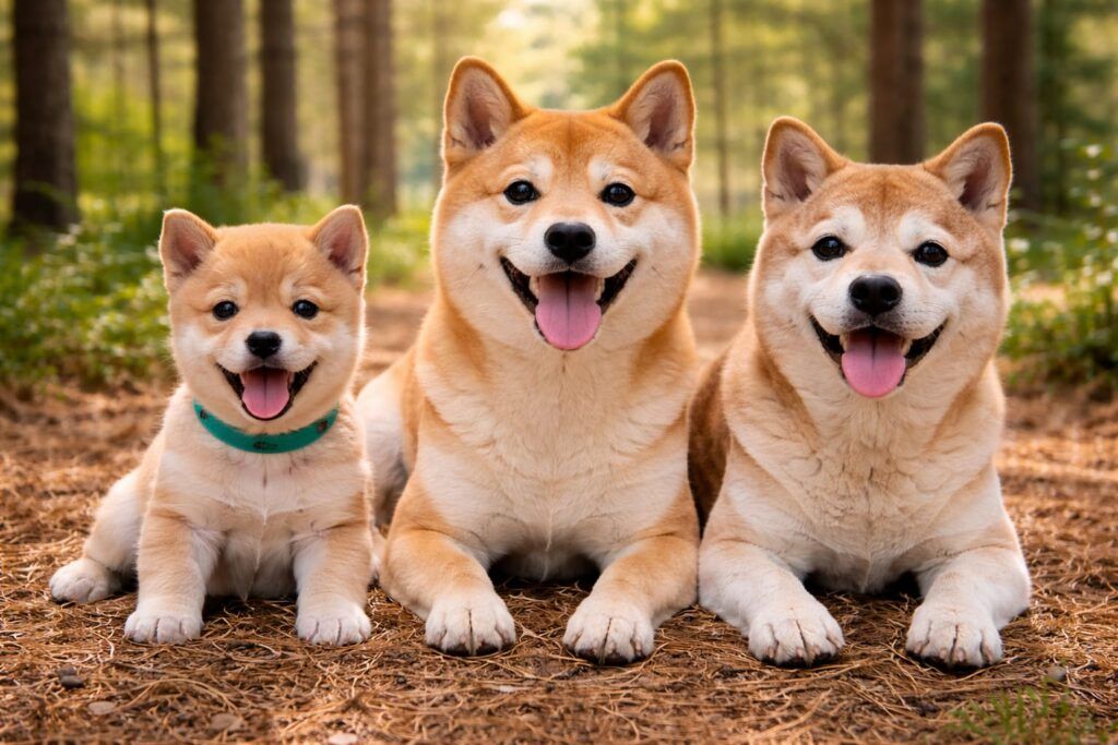 Foto de tres shiba inu de todas las edades