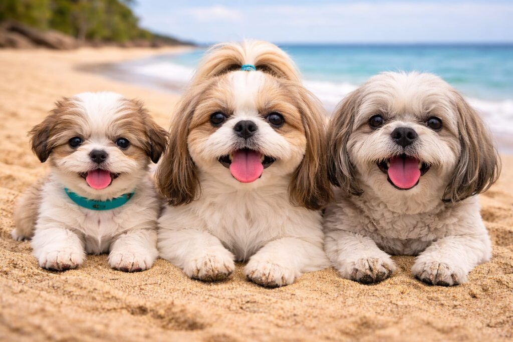 Foto de tres shih tzu de todas las edades