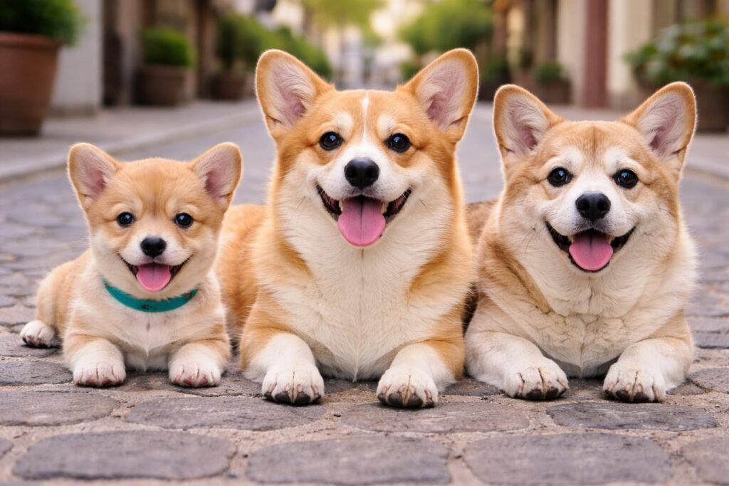 Foto de tres corgi de todas las edades