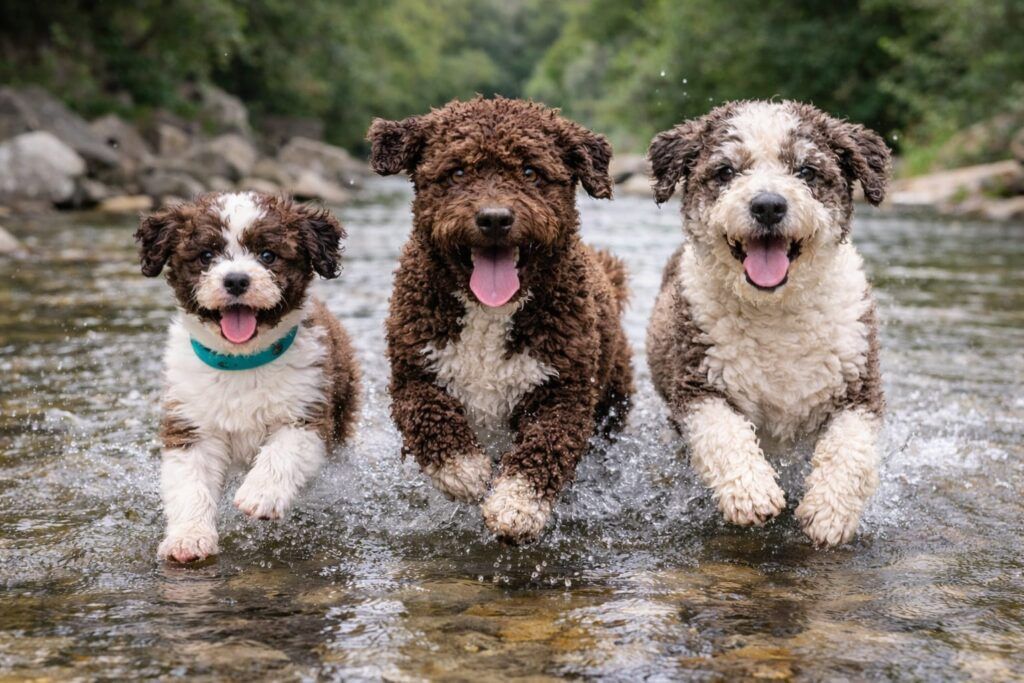 Foto de tres perros de agua de todas las edades en el rio