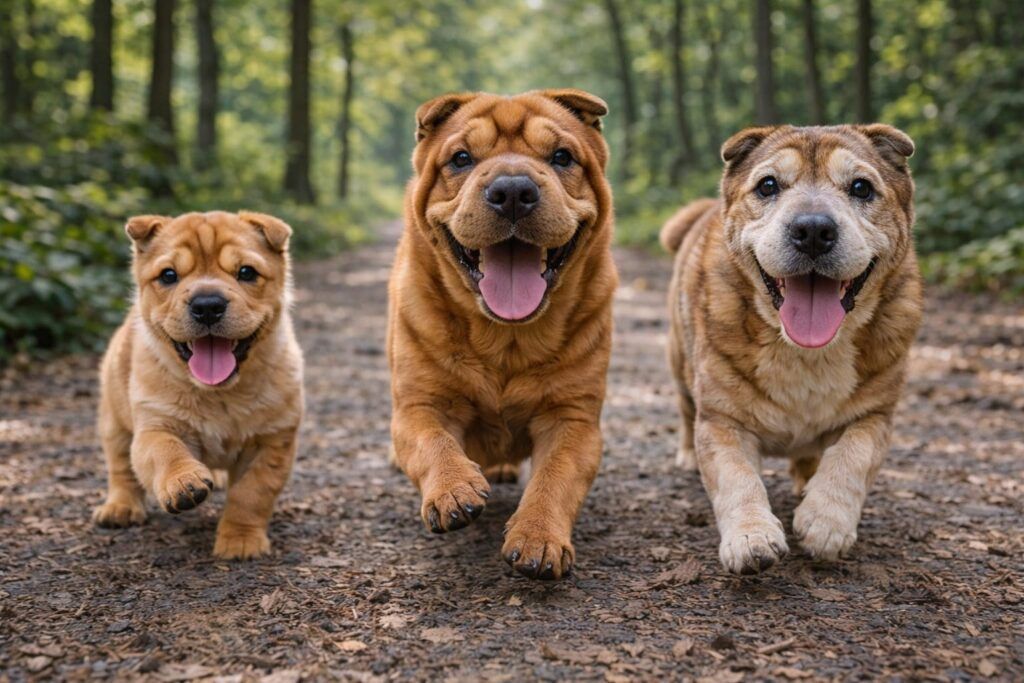 Foto de tres shar pei de todas las edades