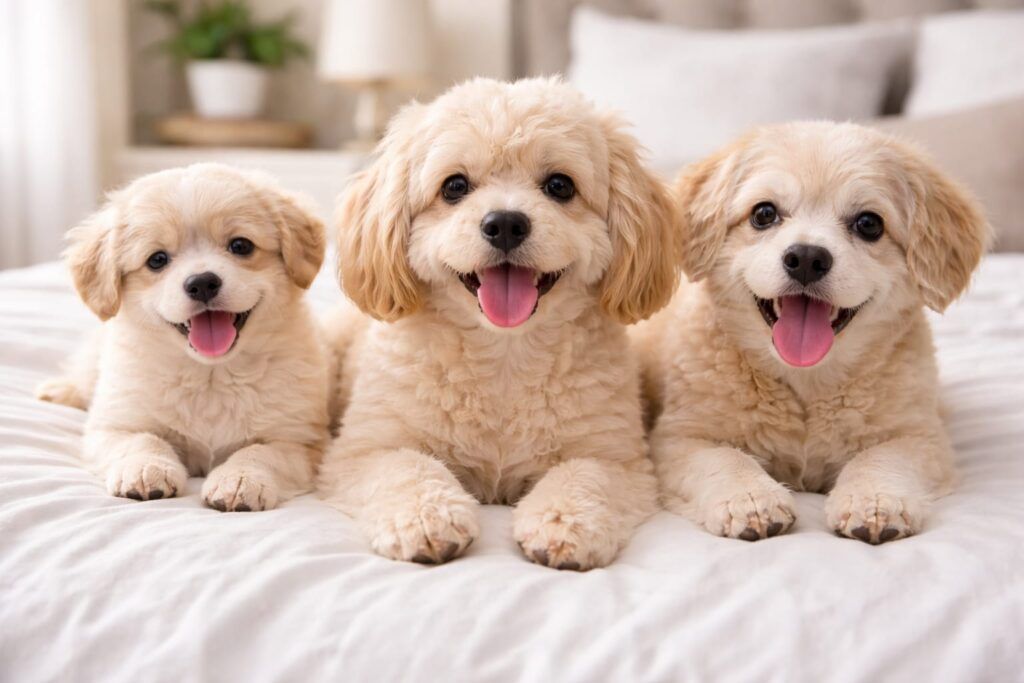 Foto de tres maltipoo de todas las edades en la cama