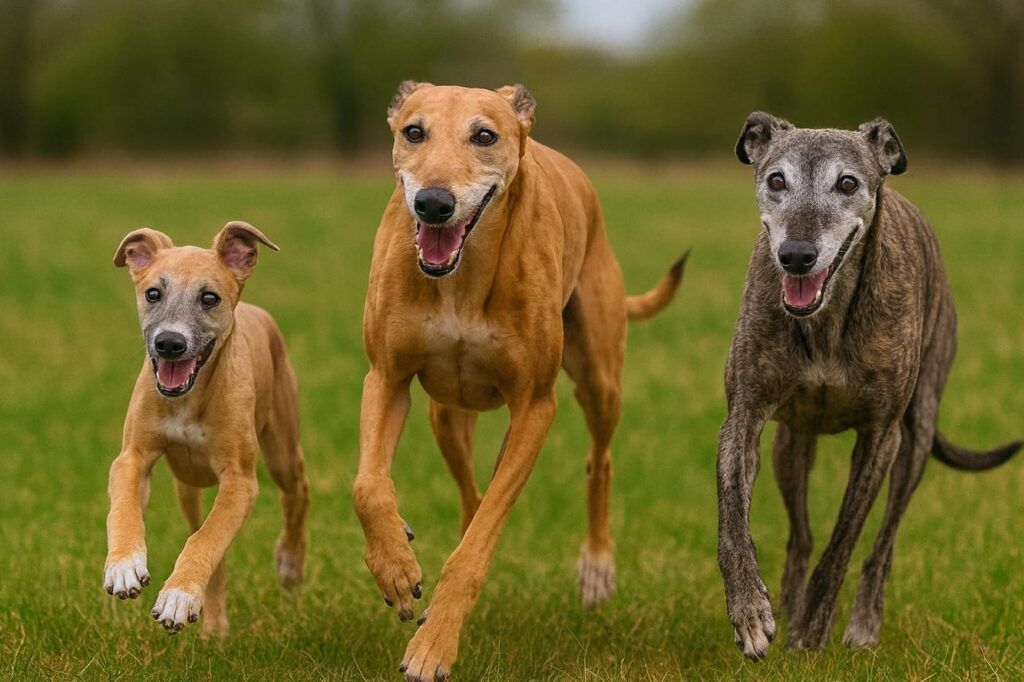 Foto de tres galgos corriendo felices campo