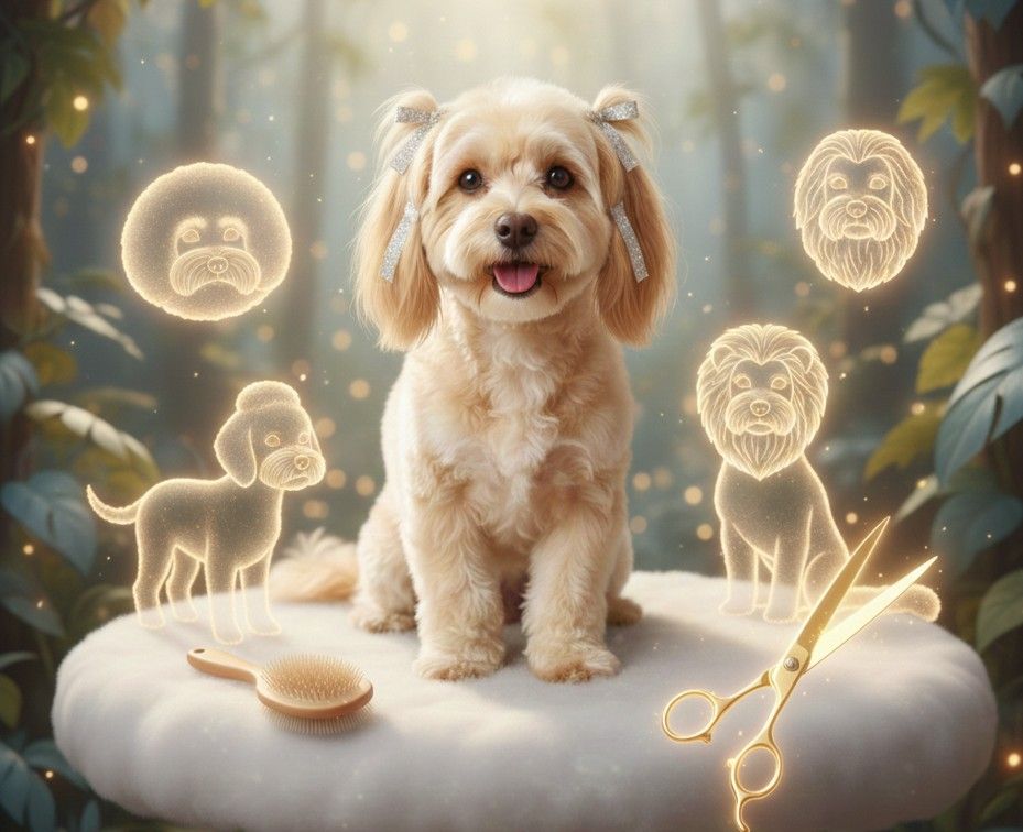 Maltipoo imaginando diferentes opciones de corte de pelo