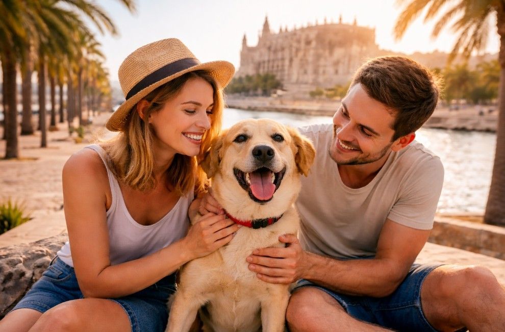 Pareja simulada con un labrador juntos y felices en paisaje