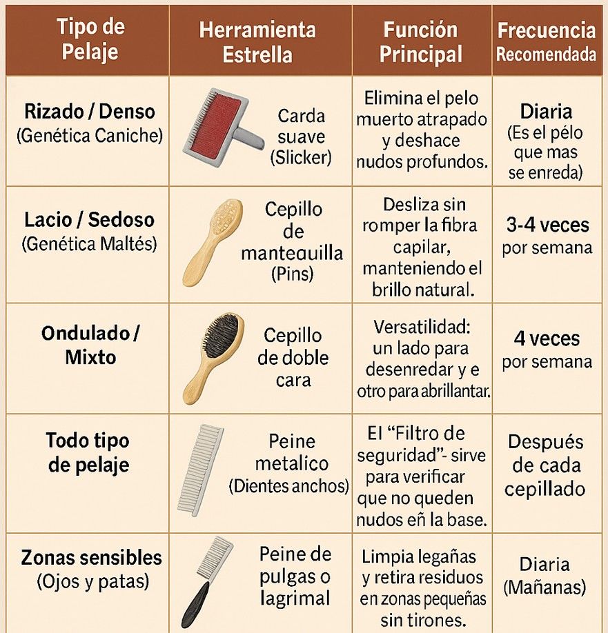 tabla con los cuidados necesarios para el pelo del maltipoo según su tipo de pelaje