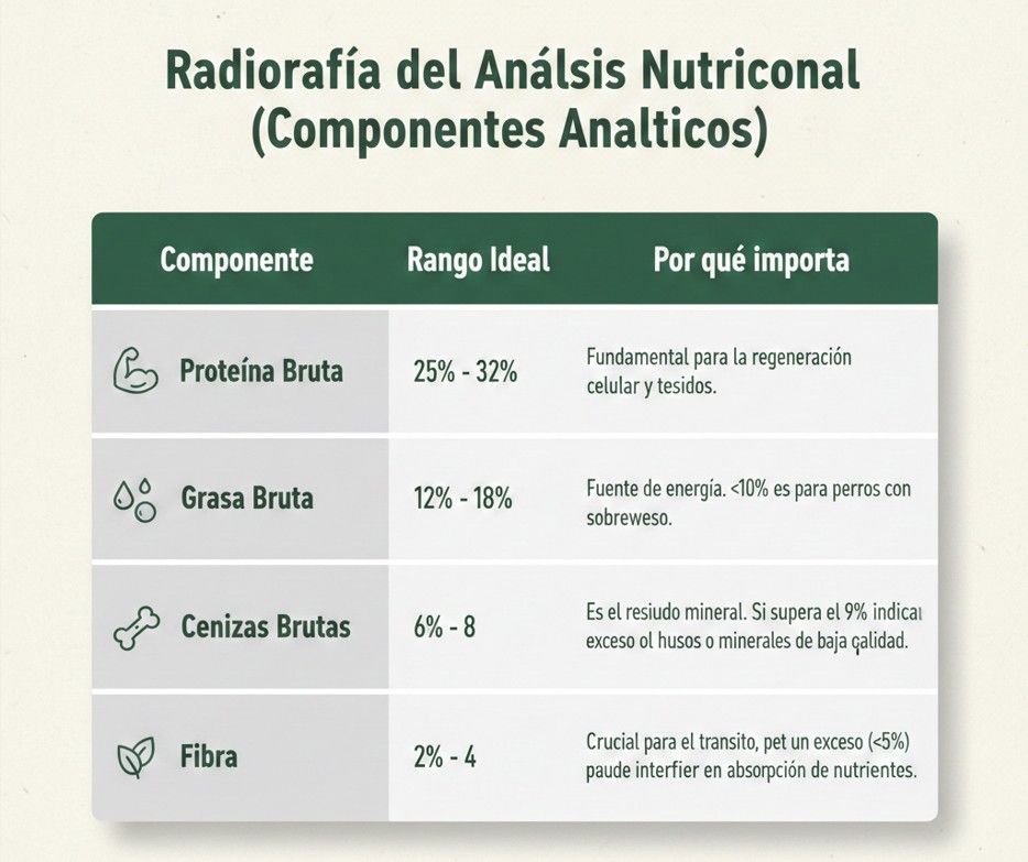 tabla con la composición analítica correcta de un pienso