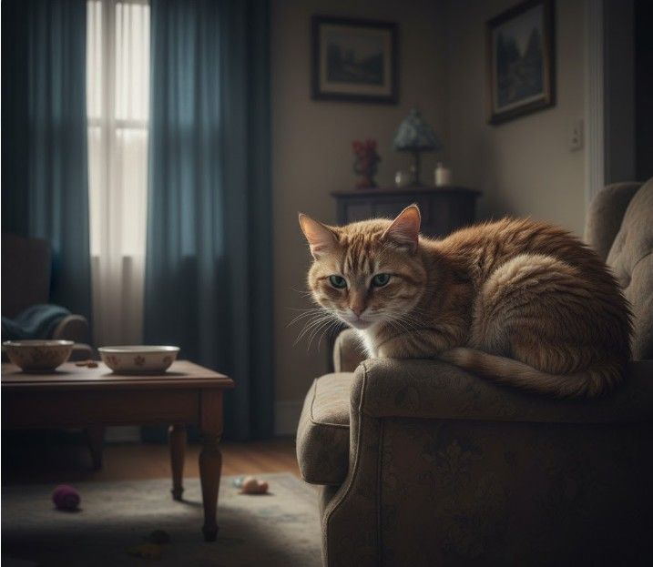 gato deprimido solo en un salón