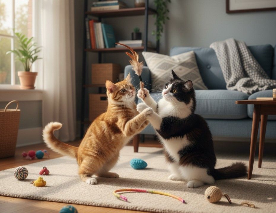dos gatos jugando felices en un salón