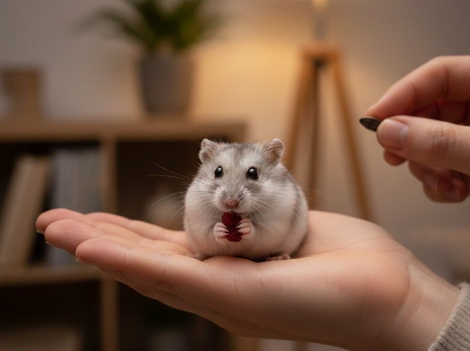 hámster comiendo frutos secos en la mano de un humano