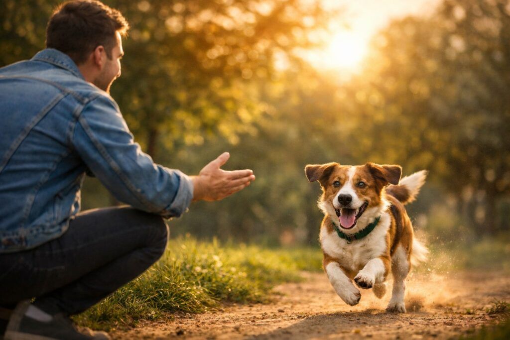 Perro volviendo a su dueño al aire libre