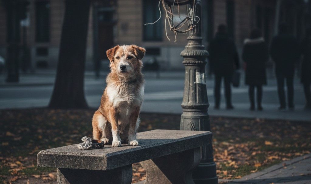 Ejemplo de un perro abandonado al lado de un banco y farola