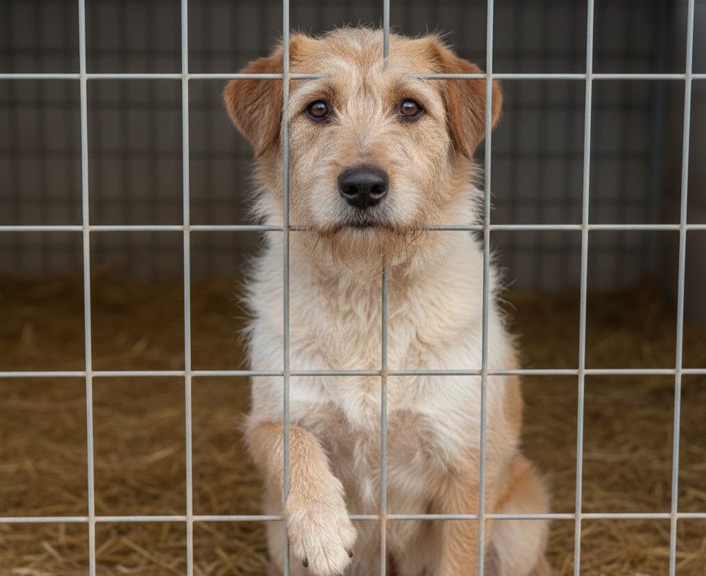 Perro esperando adopción en invierno