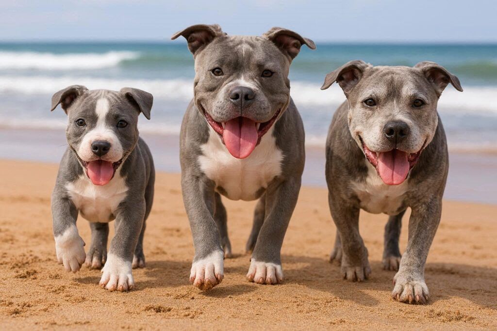 tres american bully de diferentes edades en la playa