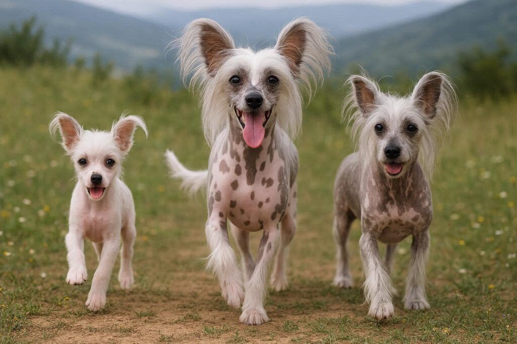 tres perros raza crestado chino de diferentes edades en el campo