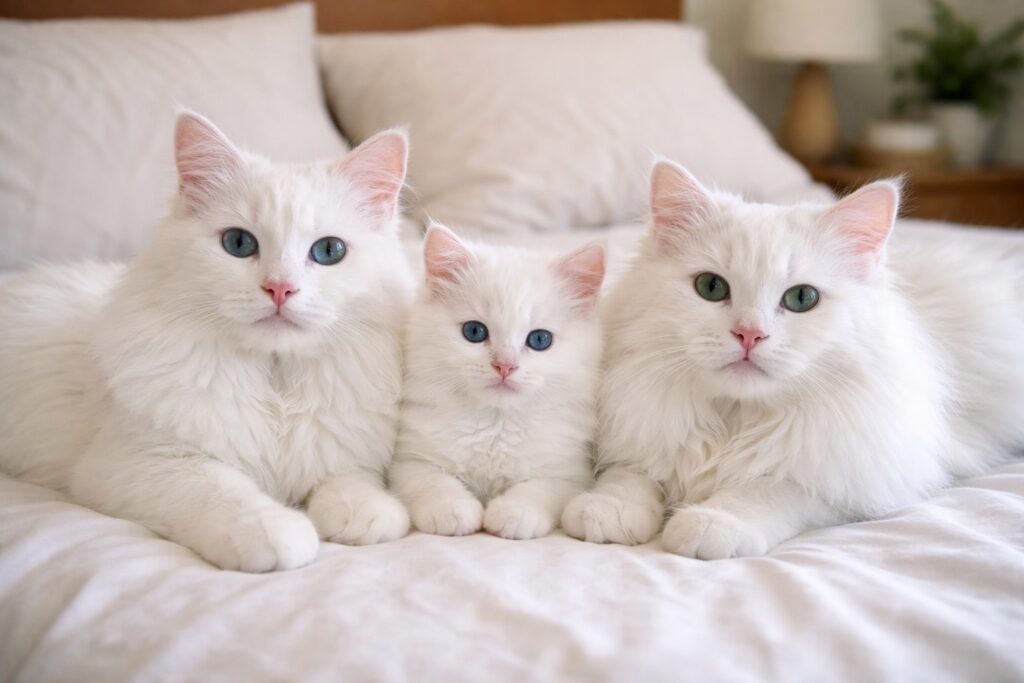 tres gatos raza angora de diferentes edades tumbados
