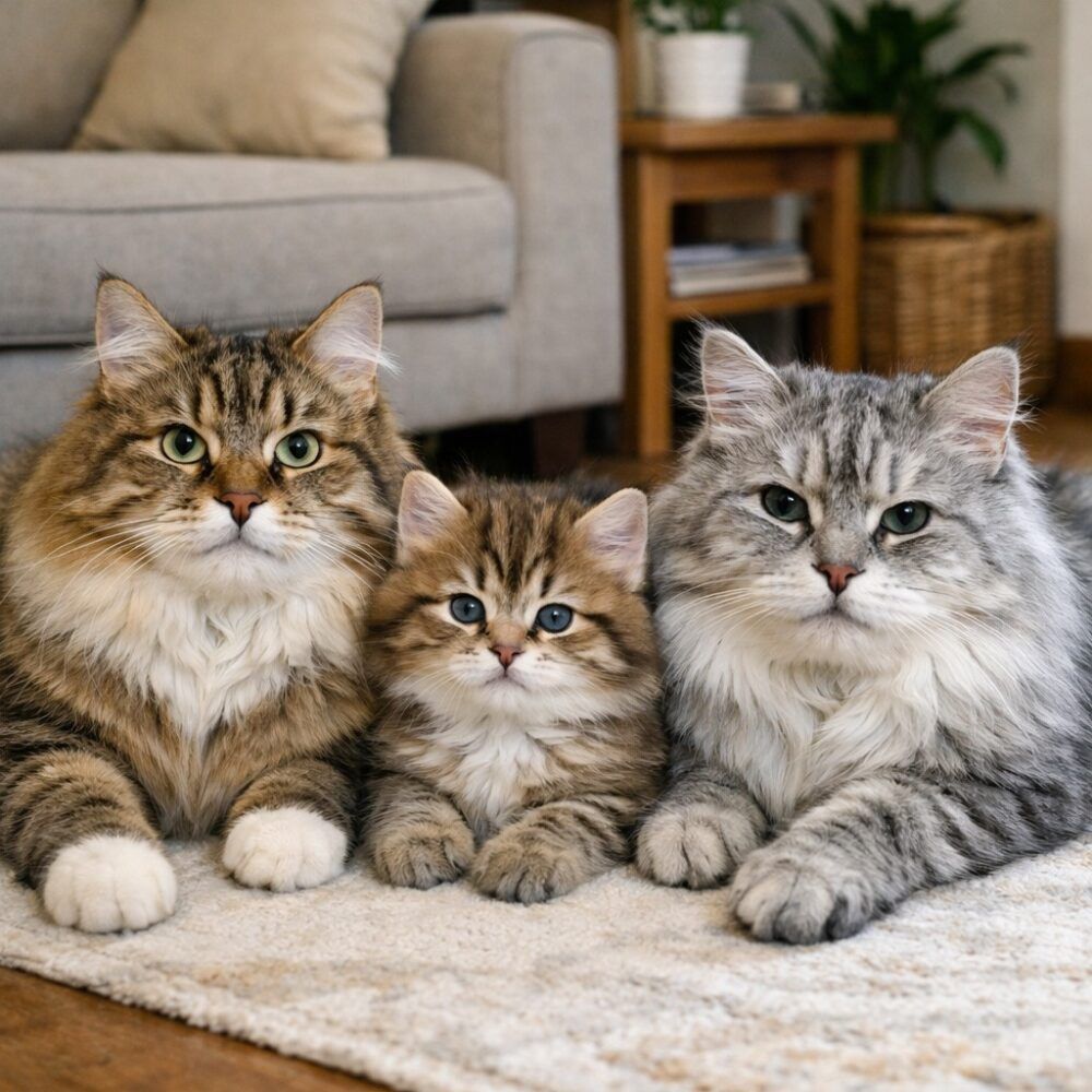 tres gatos siberianos de diferentes edades tumbados