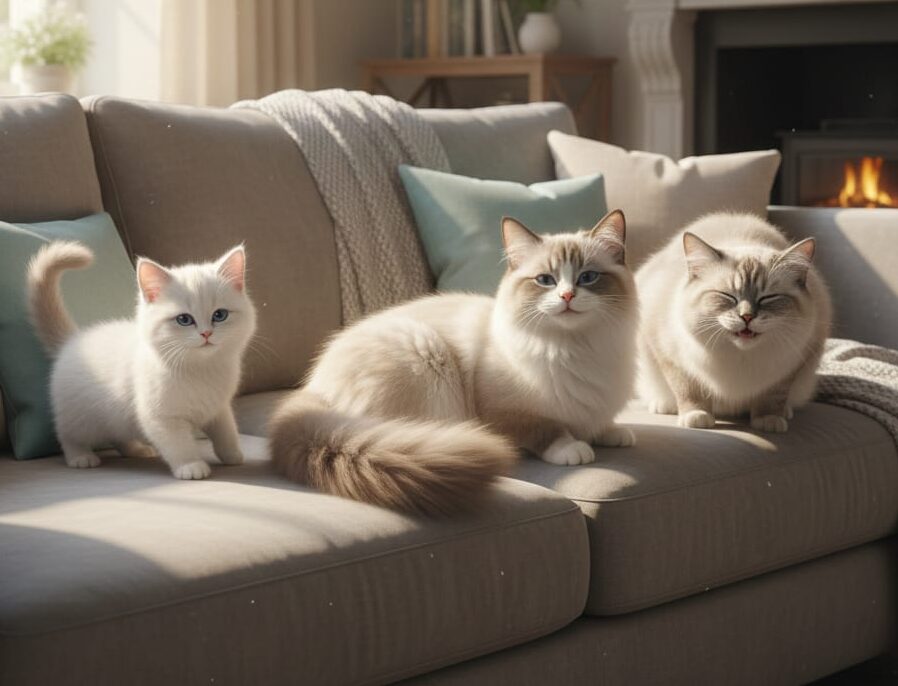 Tres gatos ragdoll en un sofá - Portada