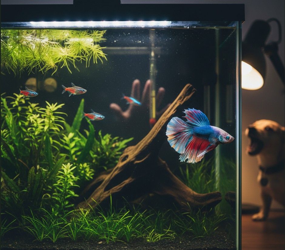 pecera con peces estresados por factores externos