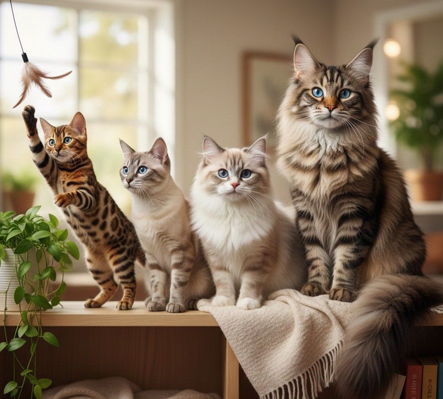 Comparativa de diferentes razas de gatos domésticos (Bengalí, Siamés, Ragdoll y Maine Coon) en un salón, ideal para saber qué raza de gato elegir