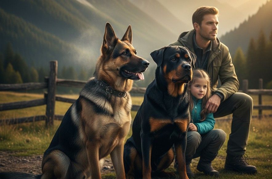 Un hombre y una niña pequeña sentados en el campo, flanqueados por dos razas grandes de perros protectoras: un Pastor Alemán y un Rottweiler, mostrando su carácter guardián y familiar al atardecer.