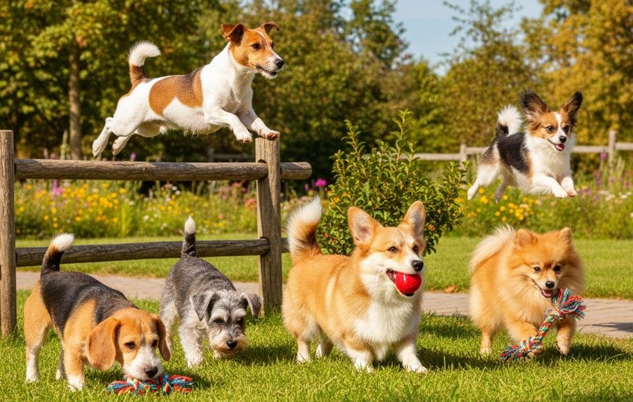 Perros pequeños que necesitan mucho ejercicio corriendo y jugando al aire libre, mostrando su alta energía y actividad física diaria.