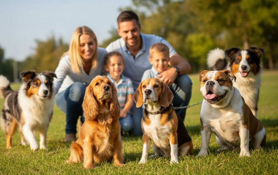 Grupo de distintas razas de perros medianos los más equilibrados sentados en un parque junto a una familia joven, mostrando su tamaño manejable y temperamento sociable.