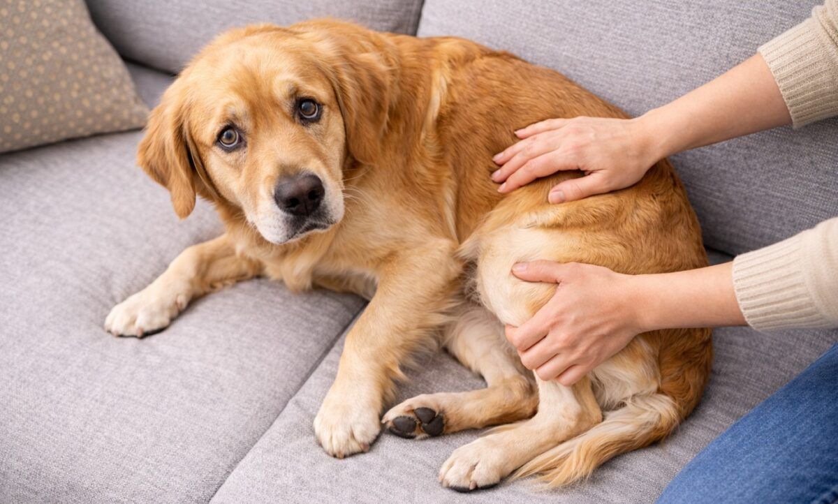 Golden en el sofá preocupado por la angustia de su pene