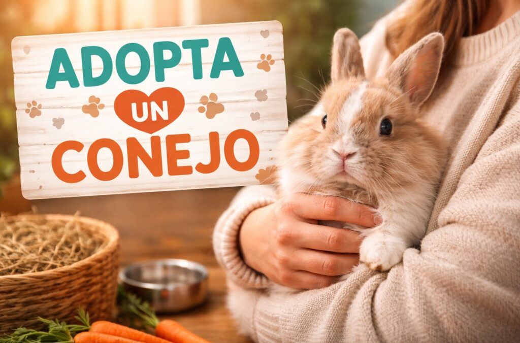un conejo en los brazos de una nueva dueña