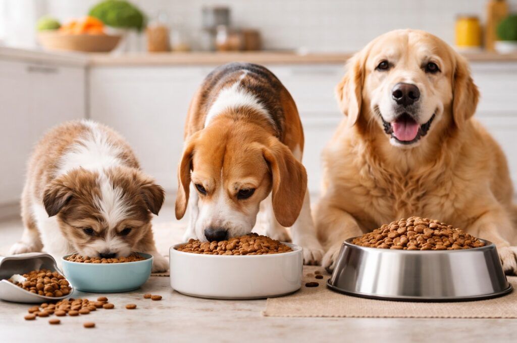 Tres perros comiendo de distintos tamaños