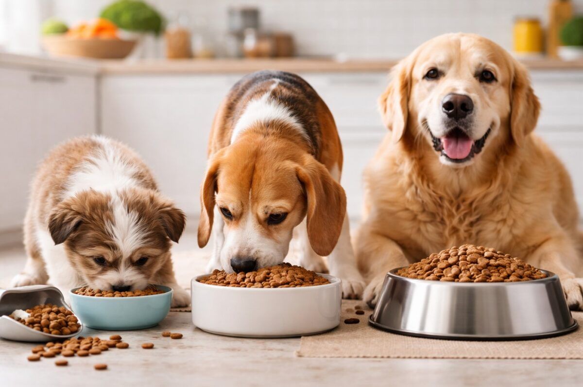 Tres perros comiendo de distintos tamaños