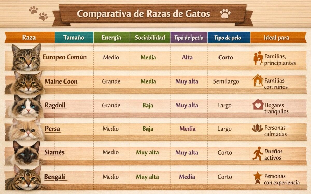 tabla con las caracteristicas de personalidad de las diferentes razas de gatos domésticos