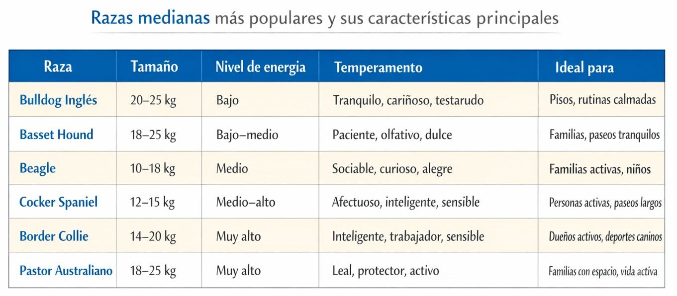 tabla con las características principales de las razas medianas populares