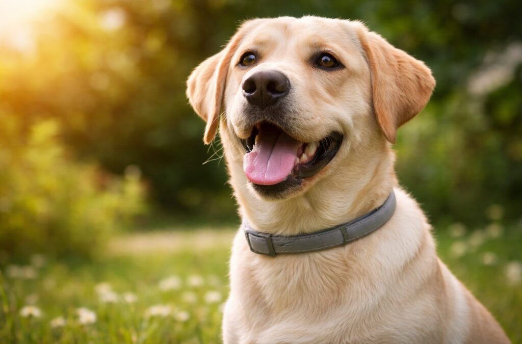 Labrador en el jardín con collar antiparasitario puesto