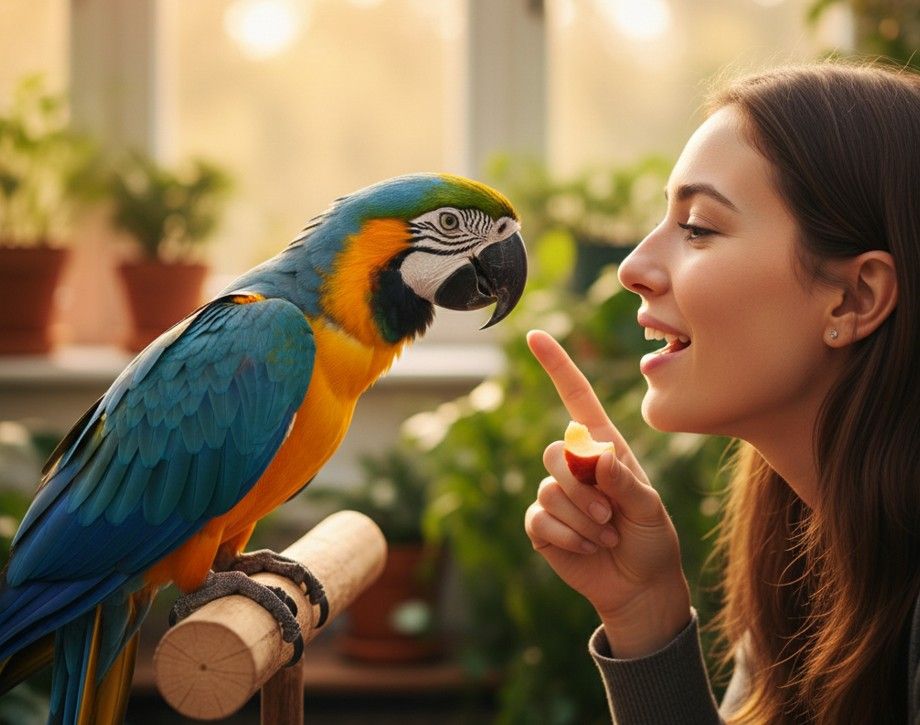 mujer enseñando a un loro a hablar
