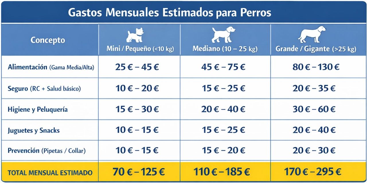 tabla comparativa de los gastos mensuales que genera un perro según su tamaño