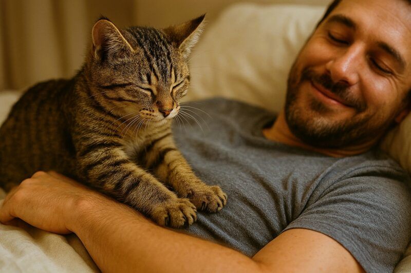 Gato amasando cariñosamente sobre su dueño