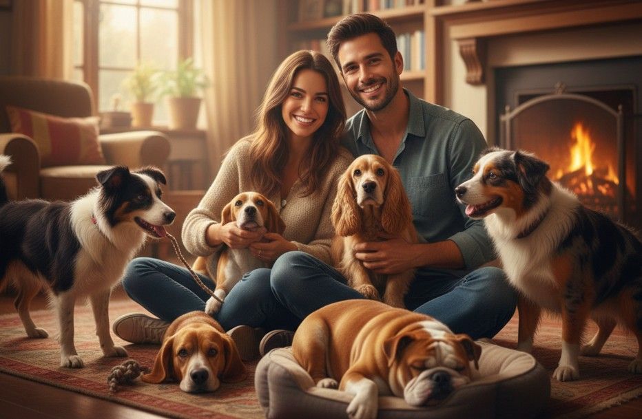Pareja joven feliz en su salón rodeada de varios perros equilibrados, ilustrando cómo haz match con tu perro mediano perfecto según el estilo de vida familiar.