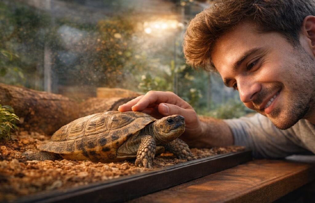 Tortuga doméstica interactuando con su dueño en terrario, mostrando reconocimiento y comportamiento hacia su cuidador