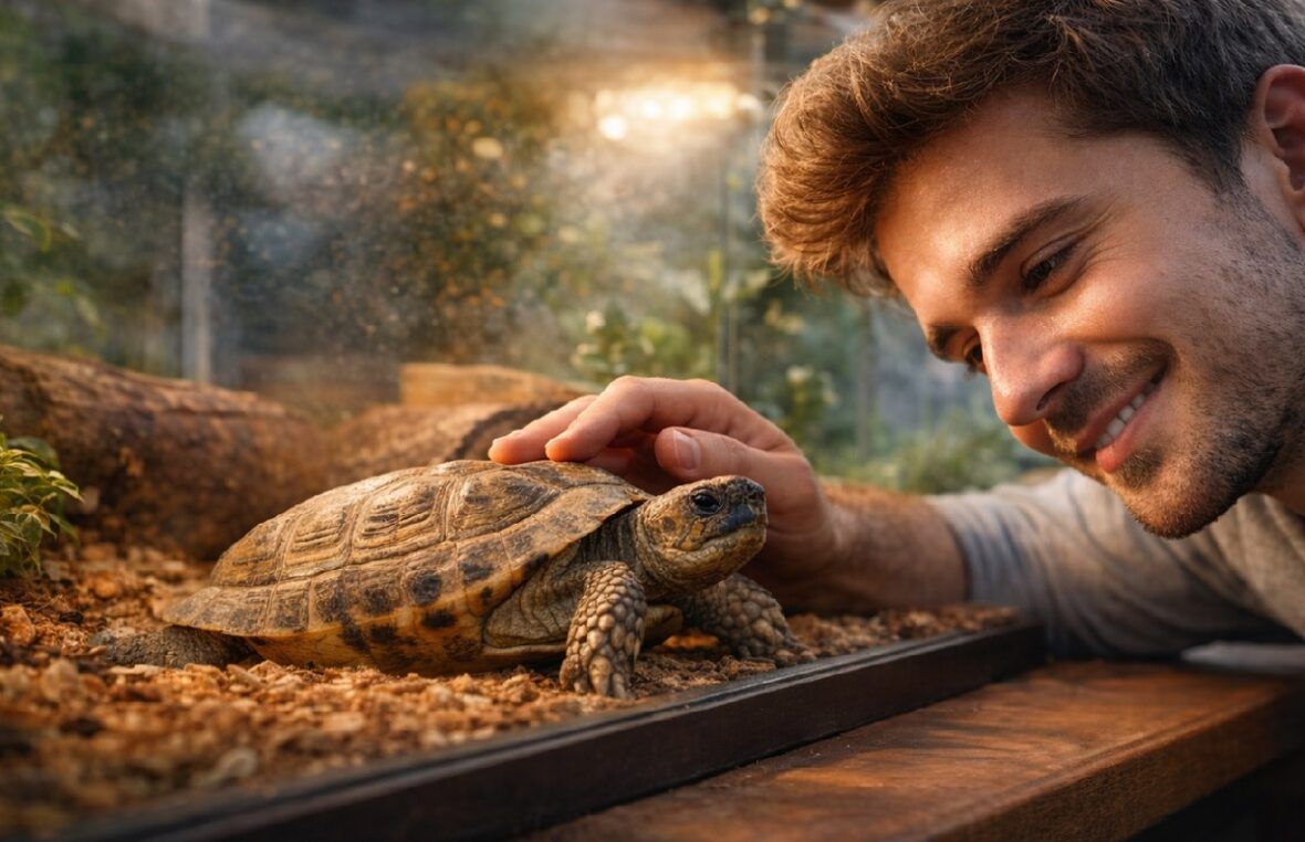 Tortuga doméstica interactuando con su dueño en terrario, mostrando reconocimiento y comportamiento hacia su cuidador