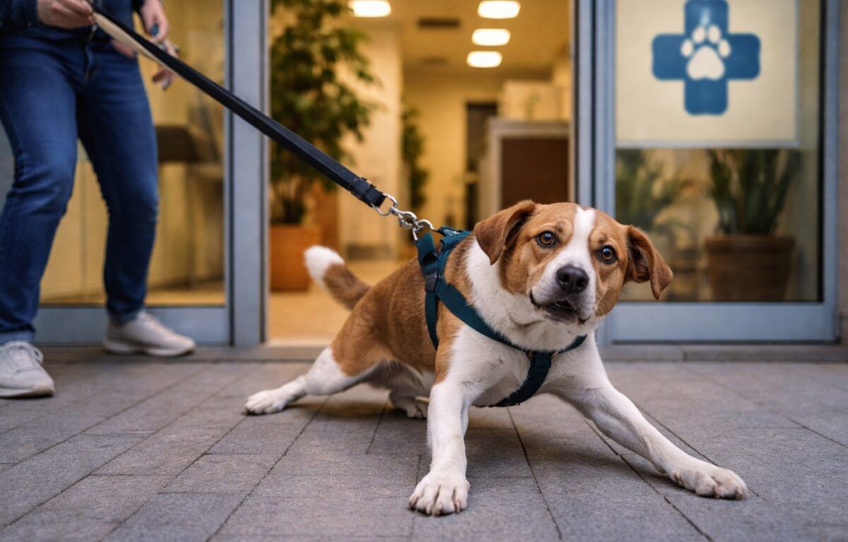 Un perro mestizo de tamaño mediano resistiéndose a entrar al veterinario