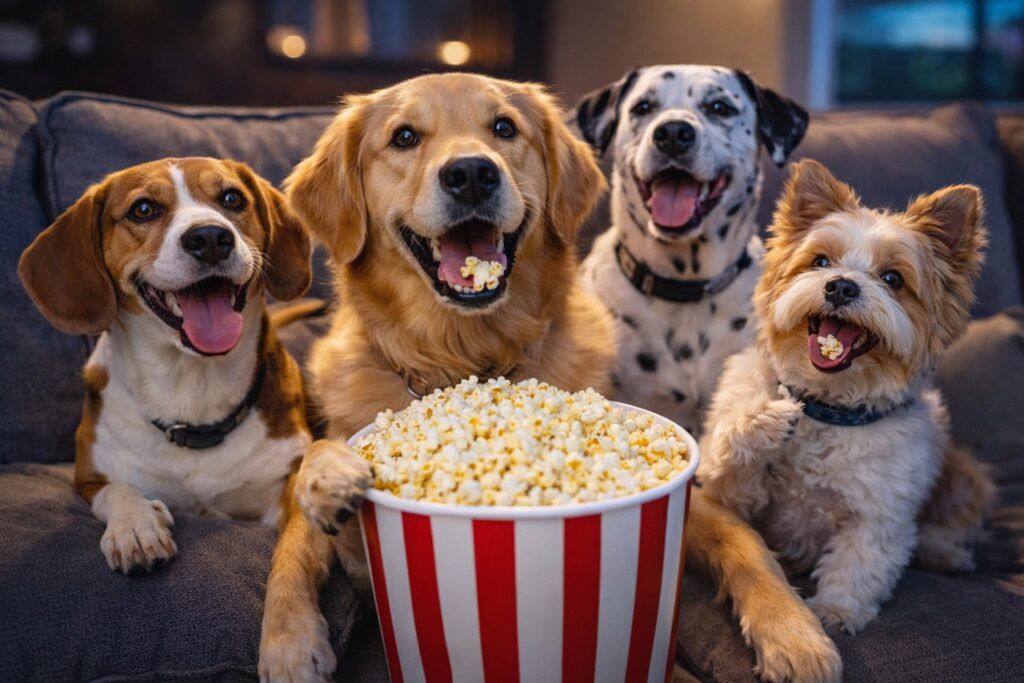 Cuatro perros en el sofá viendo peliculas de perros con final feliz