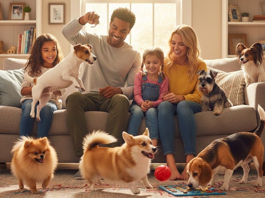 familia en el salón jugando con perros de diferentes razas pequeñas que necesitan mucho ejercicio