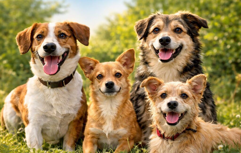 Perros mestizos felices juntos al aire libre mostrando los beneficios de adoptar perros mestizos