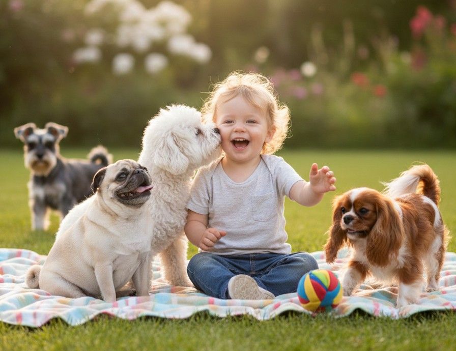 Niños y perros de razas mini como Pug, Bichón y Cavalier King Charles jugando de forma segura en un jardín.