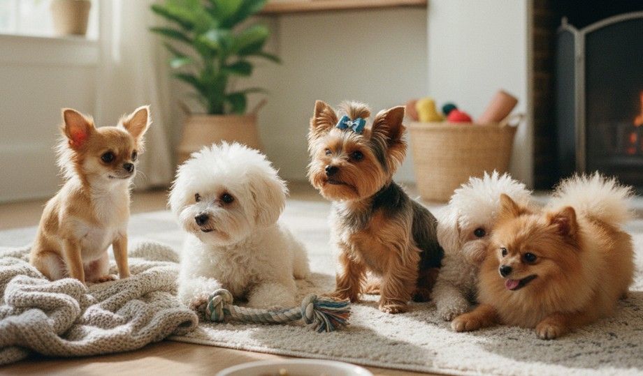 chihuahua, yorkshire, caniche toy, pomeranian en una alfombra